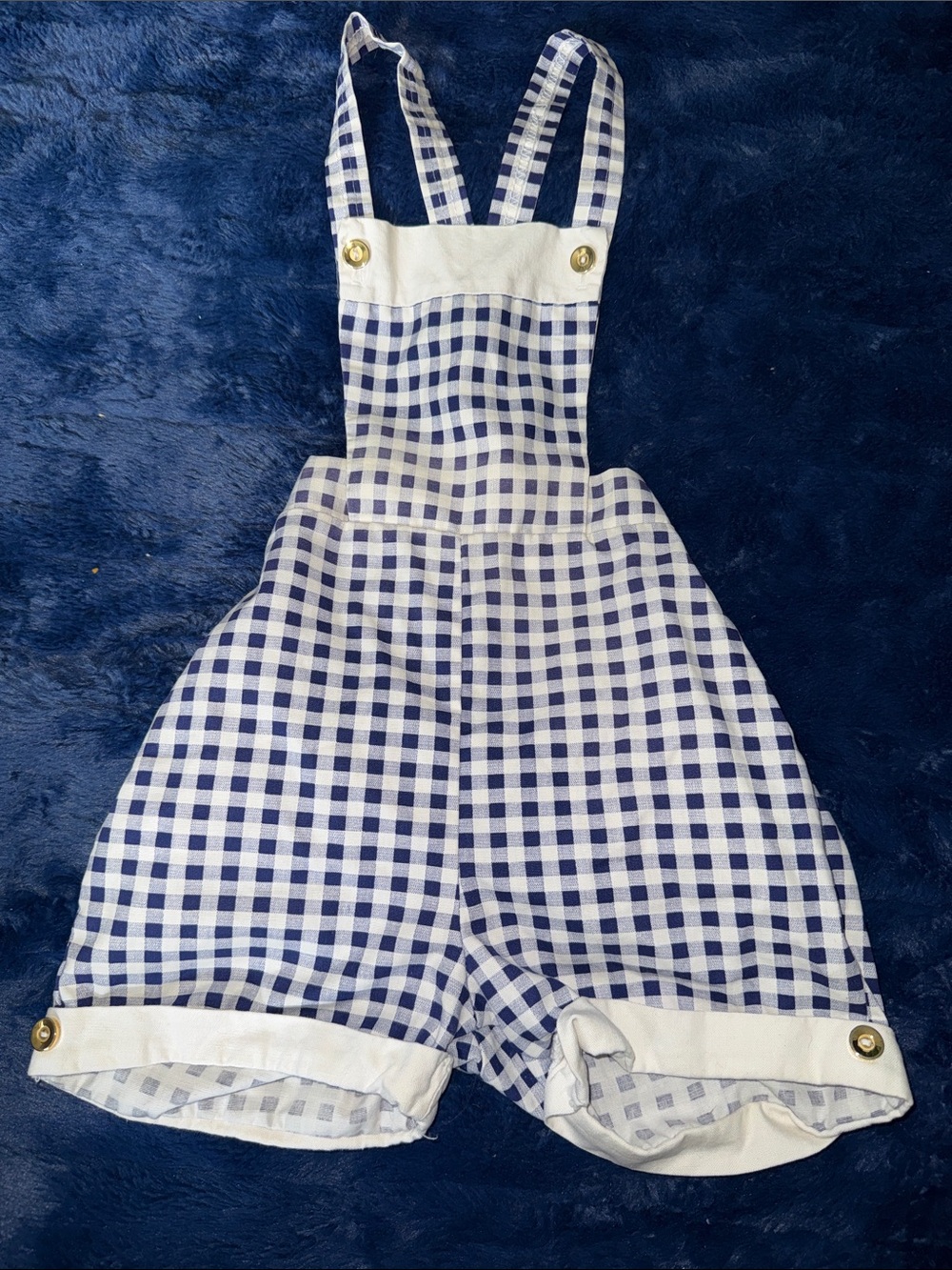 2-3T Vintage 70s Blue Gingham Kids One-Piece Romper with Straps